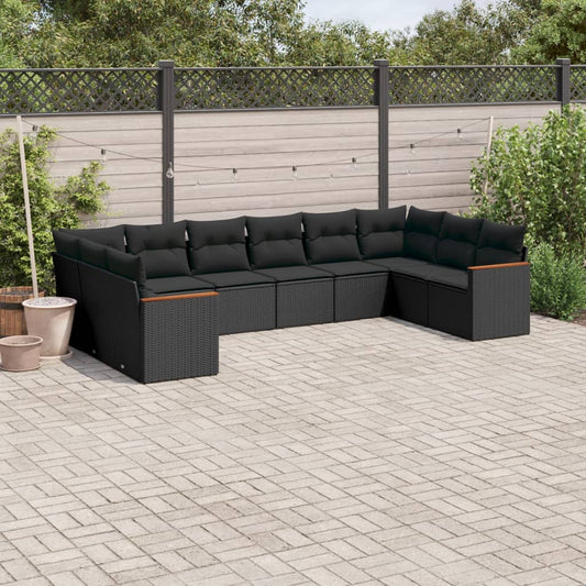 10 pcs conjunto sofás de jardim c/ almofadões vime PE preto