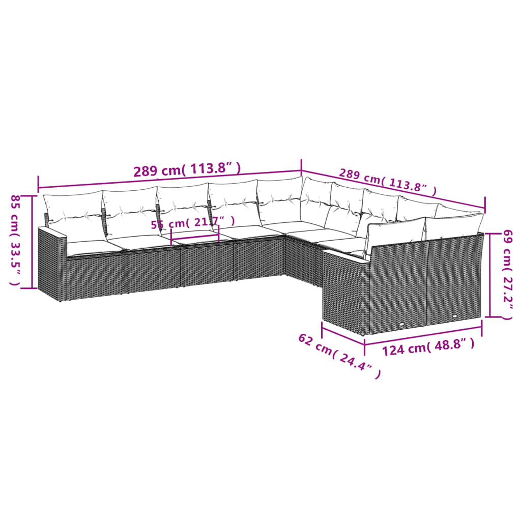 10 pcs conjunto de sofás p/ jardim com almofadões vime PE bege