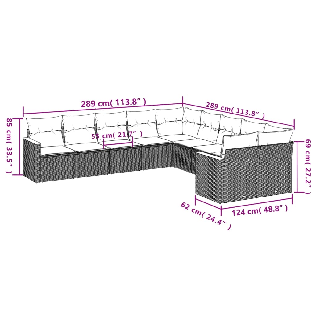 10 pcs conjunto de sofás p/ jardim com almofadões vime PE bege