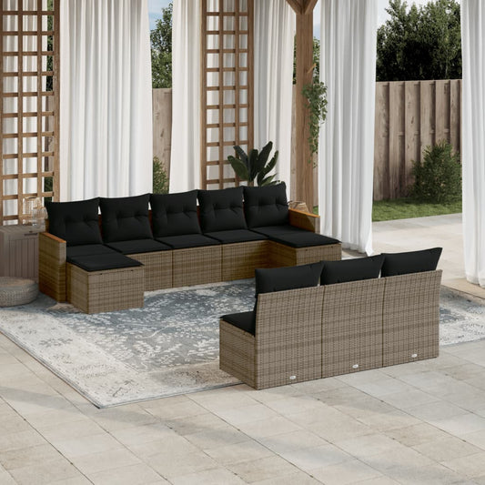 10 pcs conjunto sofás de jardim c/ almofadões vime PE cinzento