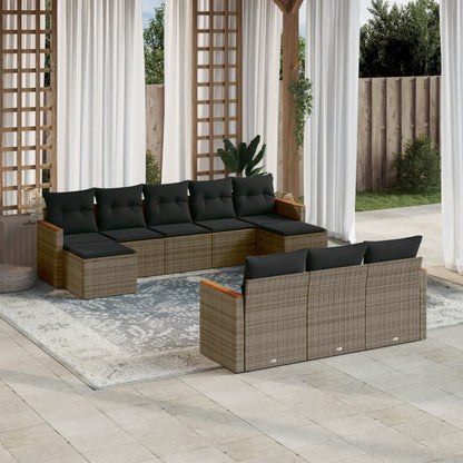 10 pcs conjunto sofás de jardim c/ almofadões vime PE cinzento