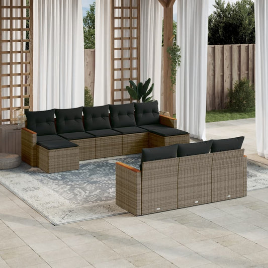 10 pcs conjunto sofás de jardim c/ almofadões vime PE cinzento
