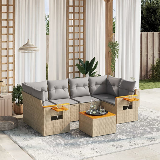 7 pcs conjunto de sofás p/ jardim com almofadões vime PE bege