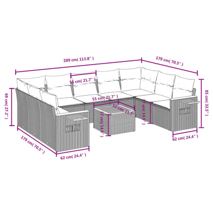 10 pcs conjunto de sofás p/ jardim com almofadões vime PE bege
