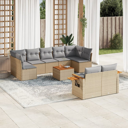 10 pcs conjunto de sofás p/ jardim com almofadões vime PE bege