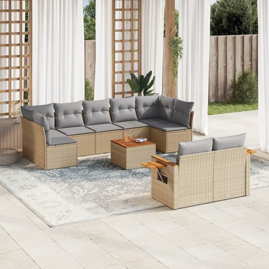 10 pcs conjunto de sofás p/ jardim com almofadões vime PE bege