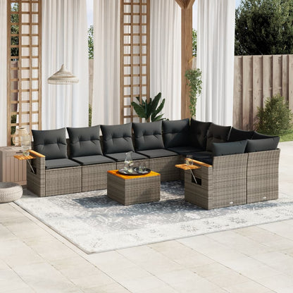 10 pcs conjunto sofás de jardim c/ almofadões vime PE cinzento