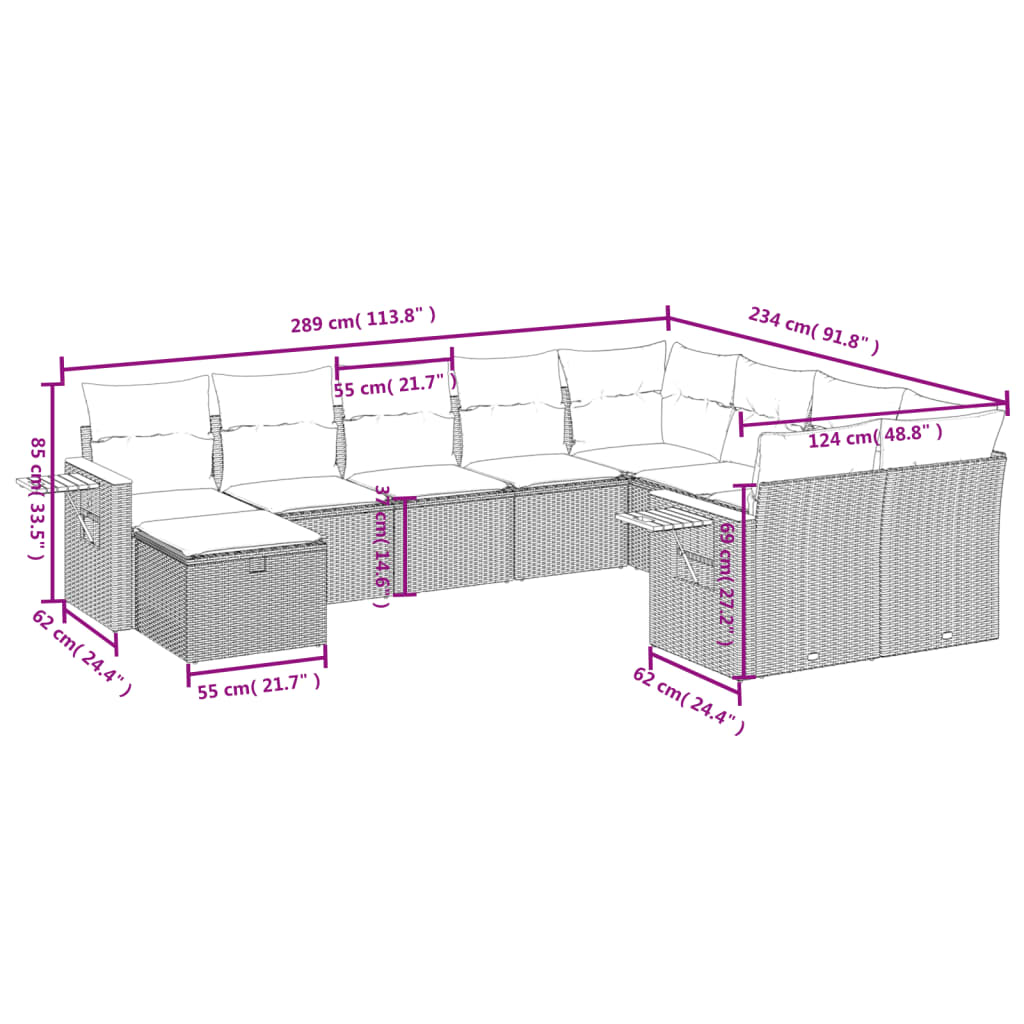 10 pcs conjunto de sofás p/ jardim com almofadões vime PE bege