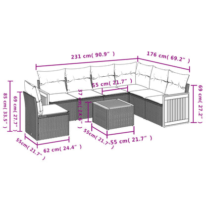 7 pcs conjunto de sofás p/ jardim com almofadões vime PE bege