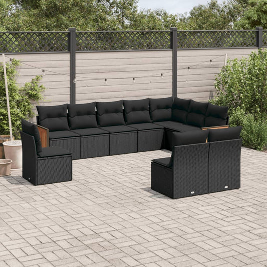 10 pcs conjunto sofás de jardim c/ almofadões vime PE preto