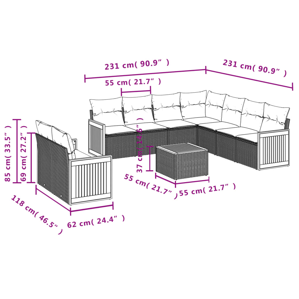 10 pcs conjunto sofás de jardim c/ almofadões vime PE preto