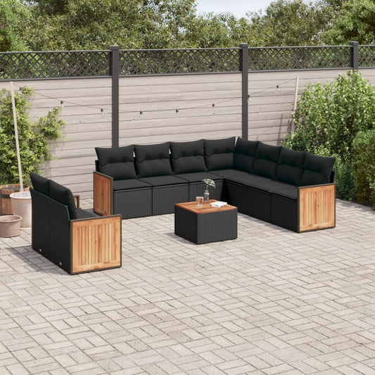 10 pcs conjunto sofás de jardim c/ almofadões vime PE preto