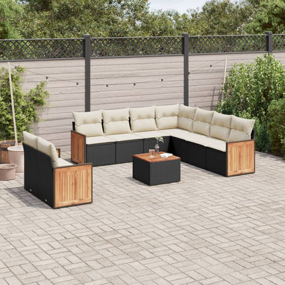 10 pcs conjunto sofás de jardim c/ almofadões vime PE preto