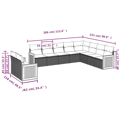 10 pcs conjunto sofás de jardim c/ almofadões vime PE preto