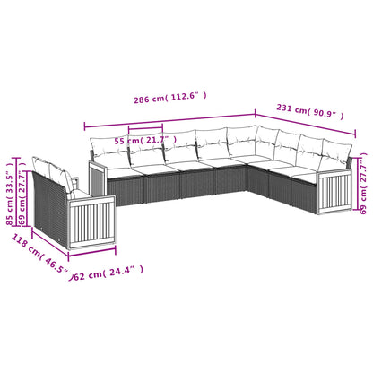 10 pcs conjunto sofás de jardim c/ almofadões vime PE preto