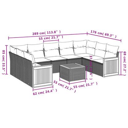 10 pcs conjunto sofás de jardim c/ almofadões vime PE cinzento