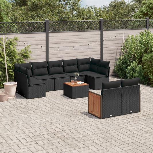 10 pcs conjunto sofás de jardim c/ almofadões vime PE preto