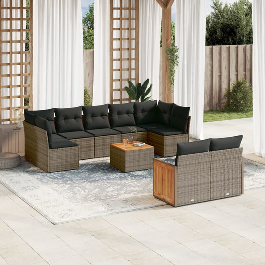 10 pcs conjunto sofás de jardim c/ almofadões vime PE cinzento
