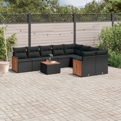 10 pcs conjunto sofás de jardim c/ almofadões vime PE preto