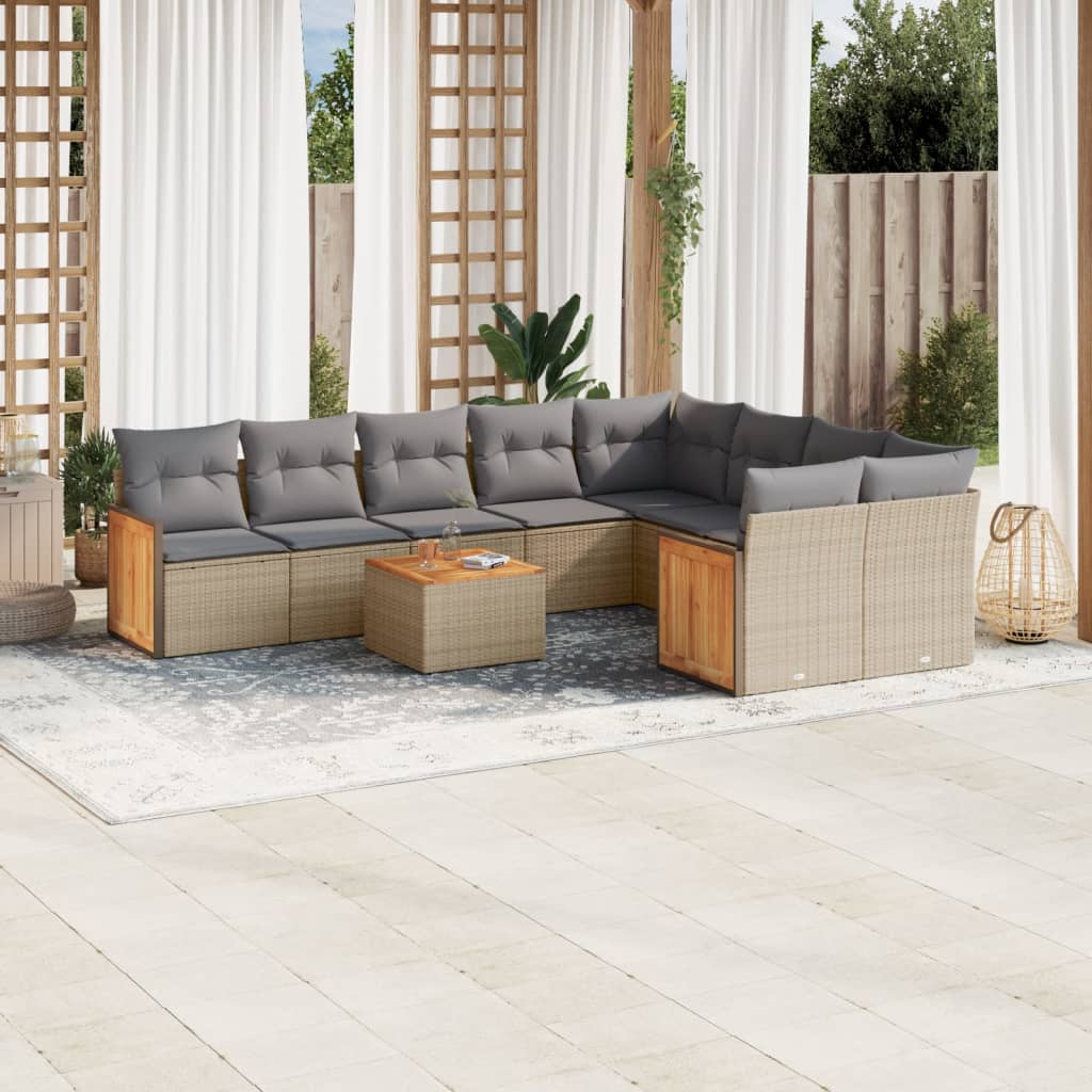 10 pcs conjunto de sofás p/ jardim com almofadões vime PE bege