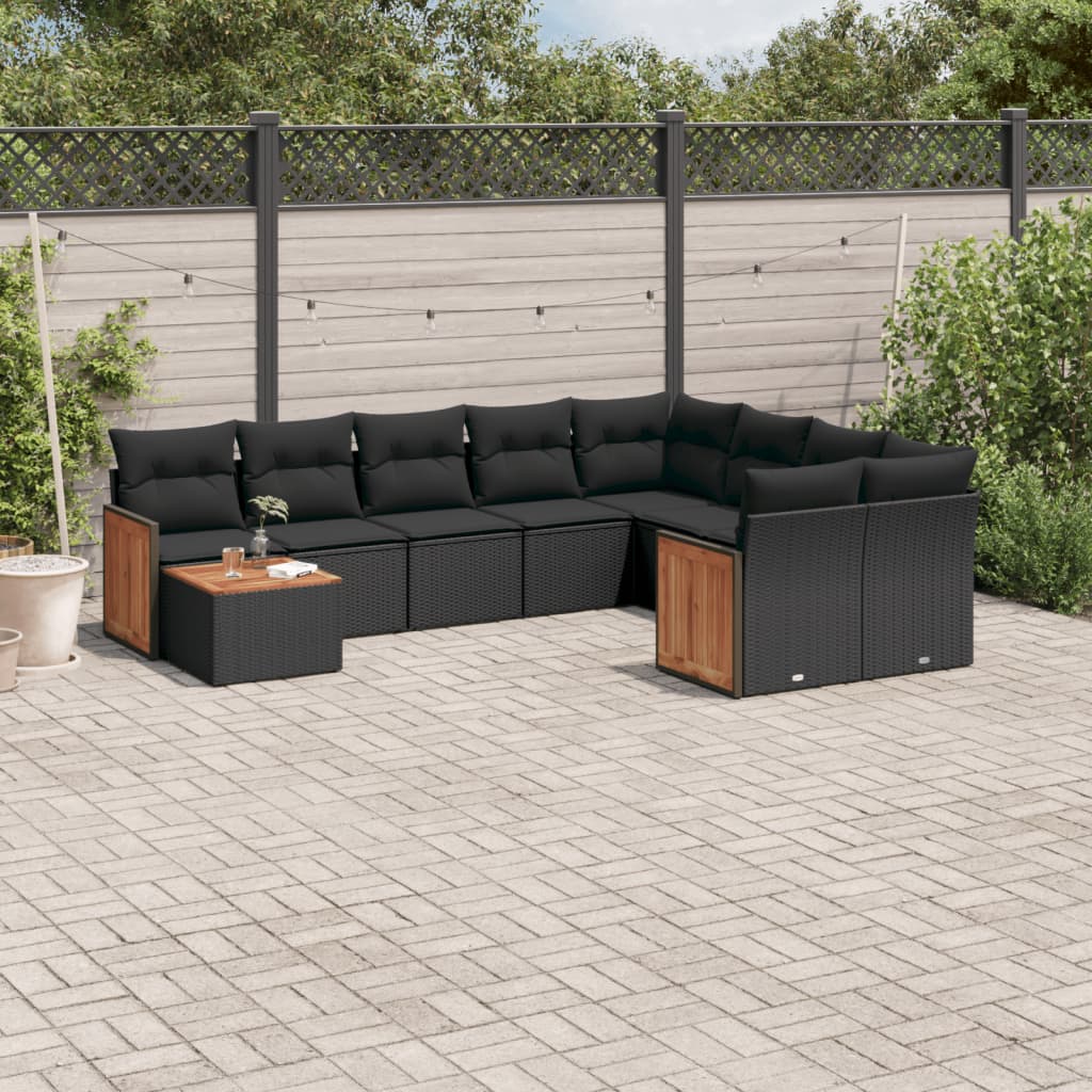 10 pcs conjunto sofás de jardim c/ almofadões vime PE preto