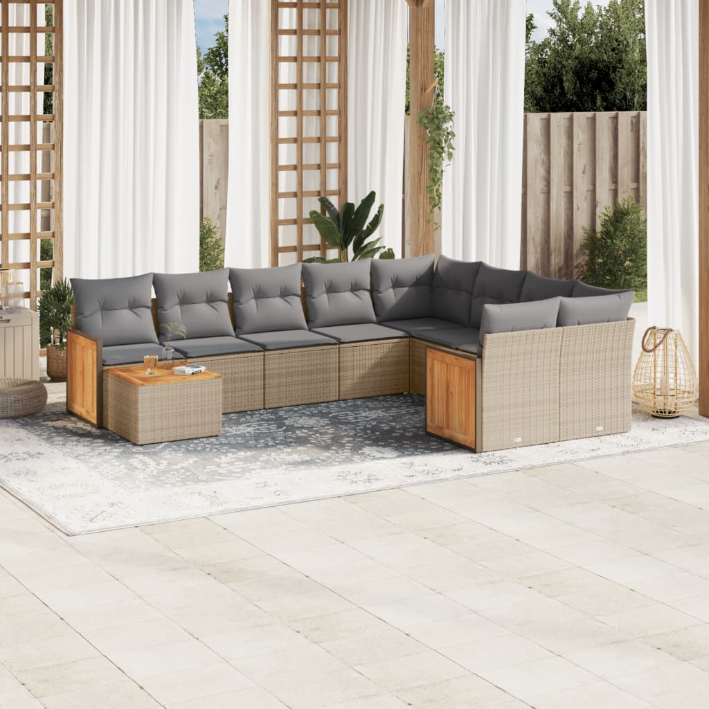10 pcs conjunto de sofás p/ jardim com almofadões vime PE bege