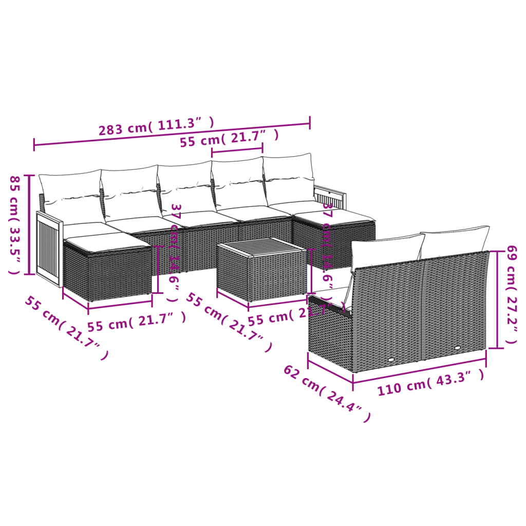 10 pcs conjunto de sofás p/ jardim com almofadões vime PE bege