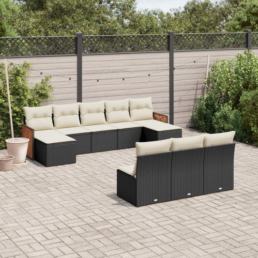 10 pcs conjunto sofás de jardim c/ almofadões vime PE preto