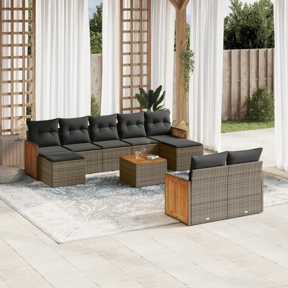 10 pcs conjunto sofás de jardim c/ almofadões vime PE cinzento