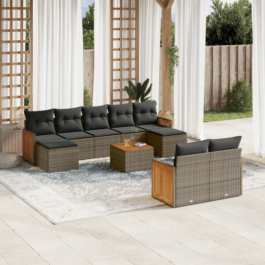 10 pcs conjunto sofás de jardim c/ almofadões vime PE cinzento