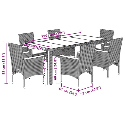 7 pcs conjunto jantar jardim c/ almofadões vime PE/acácia cinza