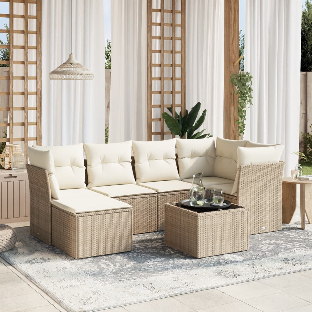 7 pcs conjunto de sofás p/ jardim com almofadões vime PE bege