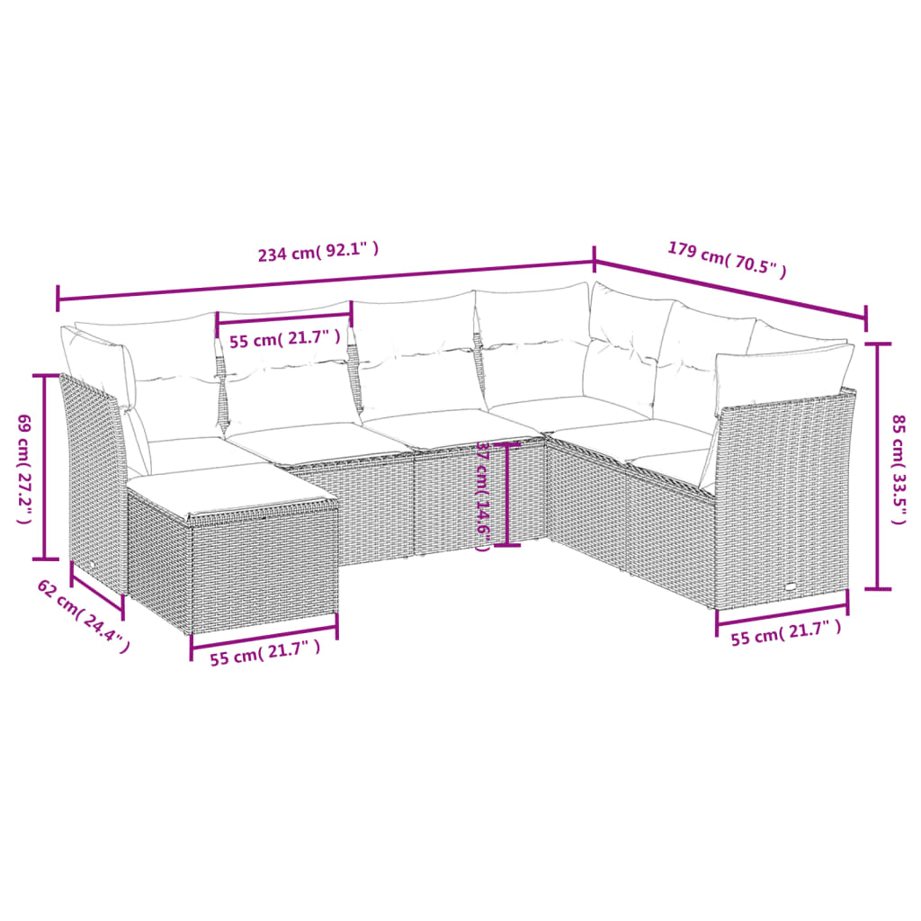 7 pcs conjunto de sofás p/ jardim com almofadões vime PE bege