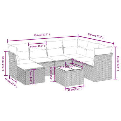 8 pcs conjunto sofás de jardim c/ almofadões vime PE castanho