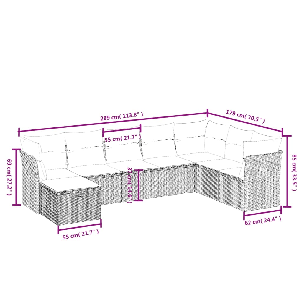8 pcs conjunto sofás de jardim c/ almofadões vime PE castanho