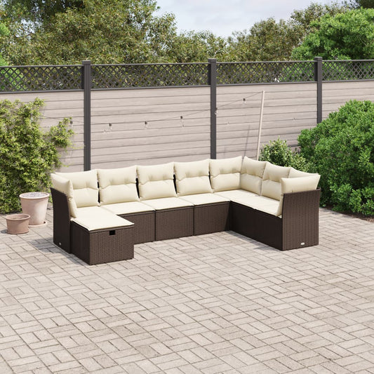 8 pcs conjunto sofás de jardim c/ almofadões vime PE castanho