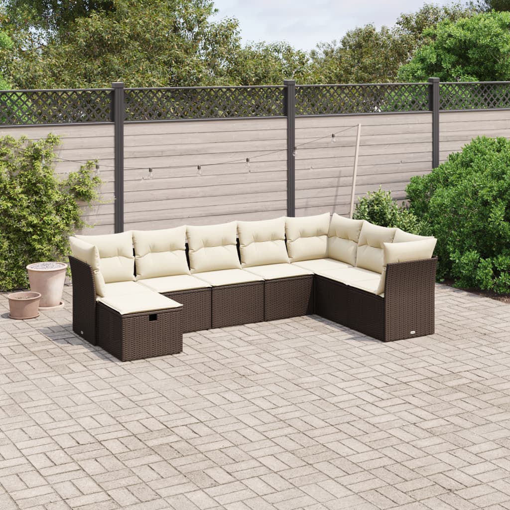 8 pcs conjunto sofás de jardim c/ almofadões vime PE castanho
