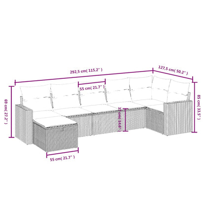 7 pcs conjunto de sofás p/ jardim com almofadões vime PE bege