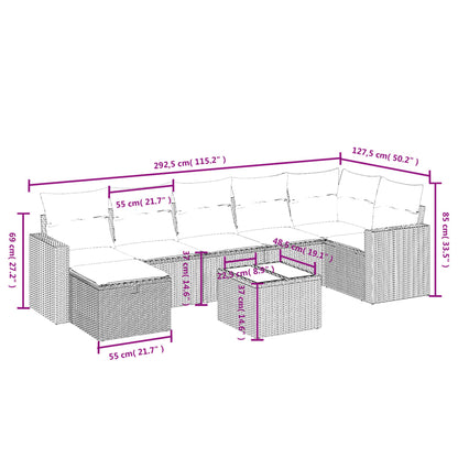 8 pcs conjunto sofás de jardim c/ almofadões vime PE castanho