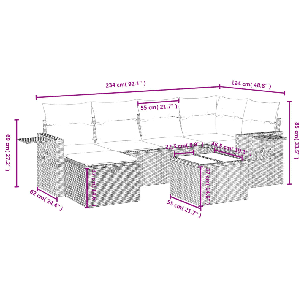7 pcs conjunto de sofás p/ jardim com almofadões vime PE bege