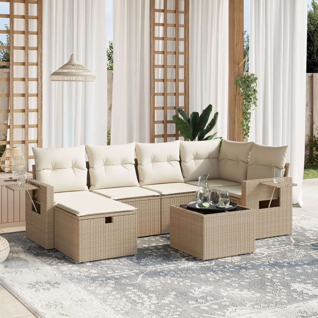 7 pcs conjunto de sofás p/ jardim com almofadões vime PE bege
