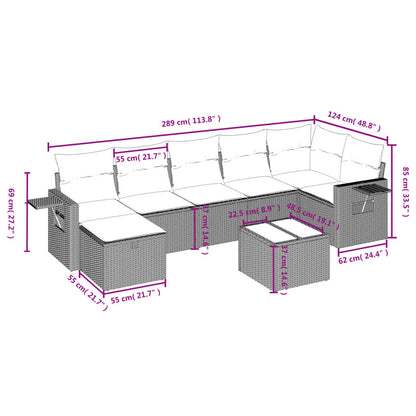 8 pcs conjunto sofás de jardim c/ almofadões vime PE castanho