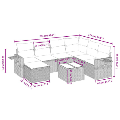 8 pcs conjunto sofás de jardim c/ almofadões vime PE castanho