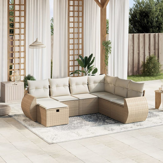 7 pcs conjunto de sofás p/ jardim com almofadões vime PE bege