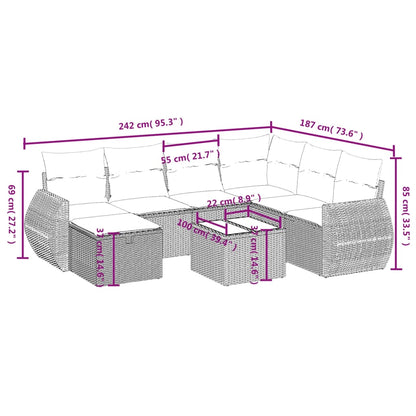 8 pcs conjunto sofás de jardim c/ almofadões vime PE castanho