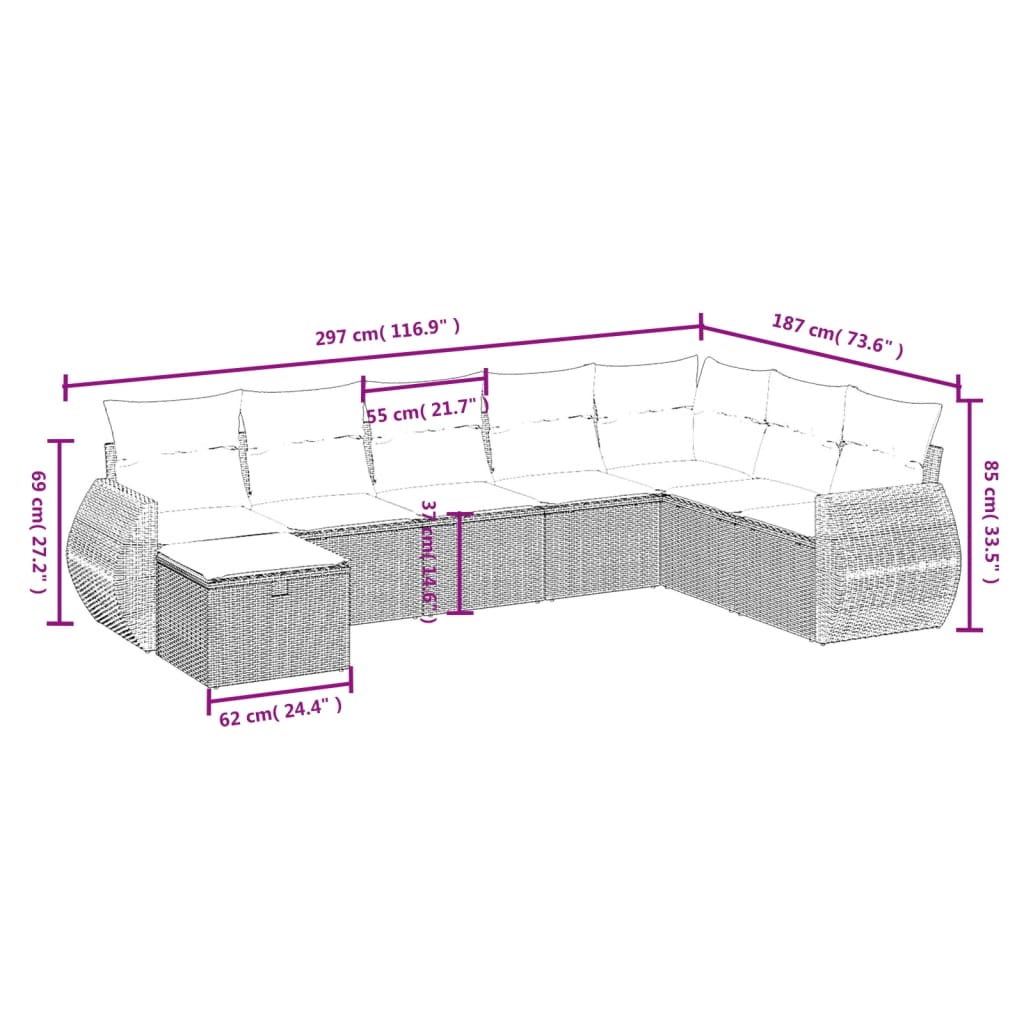 8 pcs conjunto sofás de jardim c/ almofadões vime PE castanho