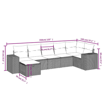 7 pcs conjunto de sofás p/ jardim com almofadões vime PE bege