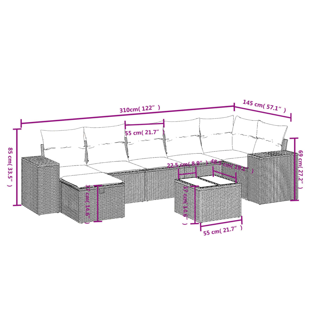 8 pcs conjunto sofás de jardim c/ almofadões vime PE castanho