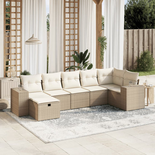 7 pcs conjunto de sofás p/ jardim com almofadões vime PE bege