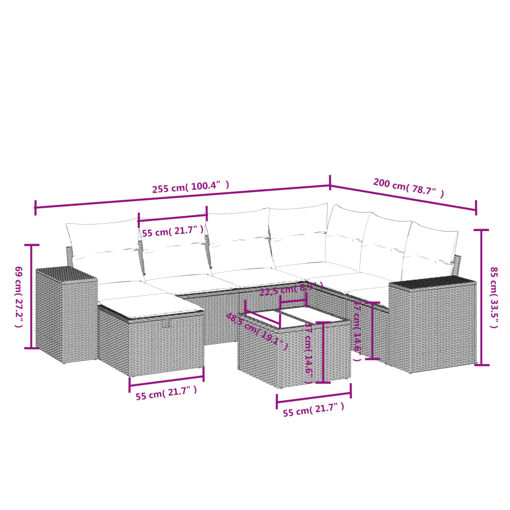 8 pcs conjunto sofás de jardim c/ almofadões vime PE castanho